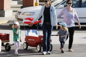 marcia cross, baseball hat, gray sweat shirt, gray jacket, jeans, black tshirt, sunglasses, belt